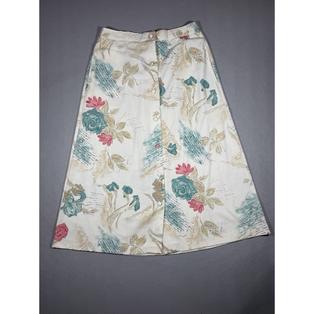 Vintage Lighthouse Point Cream Floral Button Front A-Line Skirt Sz S Cottage